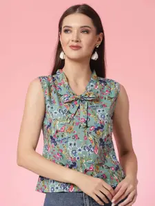Oomph! Floral Printed Tie Up Neck Sleeveless Regular Top