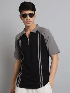 WEARDUDS Striped Raglan Sleeves Polo Collar T-Shirt
