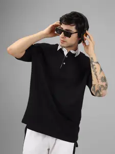 WEARDUDS Men Black Polo Collar Drop-Shoulder Sleeves T-shirt