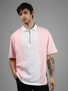 WEARDUDS Men Pink & White Colourblocked Polo Collar Drop-Shoulder Sleeves T-shirt
