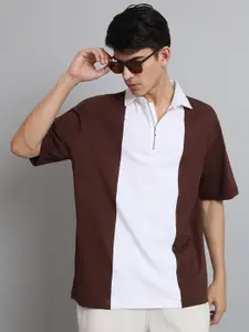 WEARDUDS Men Brown & White Colourblocked Polo Collar Drop-Shoulder Sleeves T-shirt