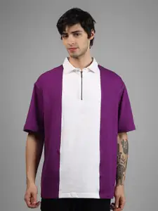 WEARDUDS Colourblocked Polo Collar Drop-Shoulder Sleeves Cotton Oversized T-shirt