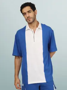 WEARDUDS Men Blue & White Colourblocked Polo Collar Drop-Shoulder Sleeves T-shirt