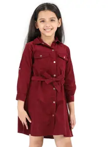 Purple United Kids Girls Belt Detailed Shirt Collar Cotton Shirt Style Dress