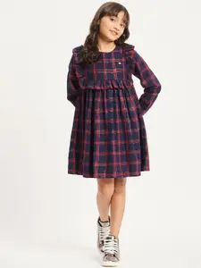 Purple United Kids Navy Blue & Red Checked Fit & Flare Dress