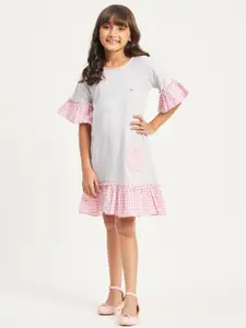 Purple United Kids Purple United Girls Checked Bell Sleeves Fit & Flare Cotton A-Line Dress