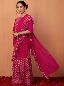 INDYA Ethnic Motifs Printed Ready to Wear Ruffled Saree