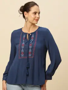 Chemistry Crinkle Embroidered Tie-Up Neck Ethnic Top