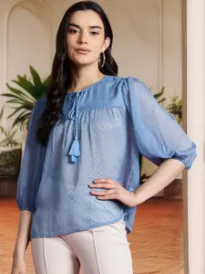 all about you Dobby Woven Tie-Up Neck Puff Sleeve Top