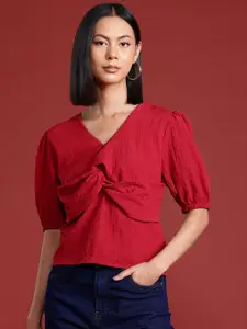 all about you Puff Sleeves Textured Twisted Top