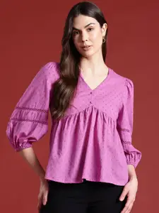 all about you Lace Detailed Puff Sleeves Pure Cotton A-Line Top