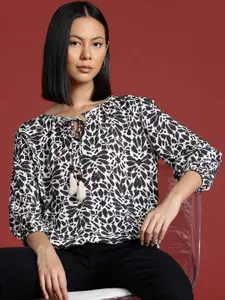 all about you Printed Tie-Up Neck Puff Sleeves Top