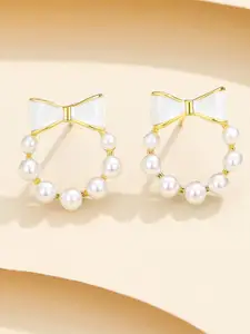 FIMBUL Gold Plated Bow Detail Pearl Studded Stud Earrings