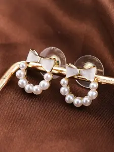 FIMBUL Gold Plated Bow Detail Pearl Studded Stud Earrings