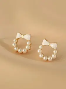 FIMBUL Gold-Plated Bow & Faux Pearl Beaded Studs Earrings