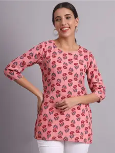 BAESD Pink & candlelight peach Floral Printed Boat Neck Kurti