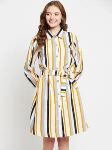 NABIA Striped Front Open Shirt Collar Midi Dress