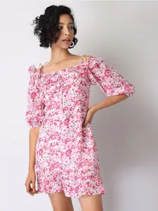 FabAlley Floral Printed Shoulder Straps Puff Sleeves Ruched A-Line Dress