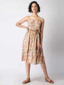 FabAlley White & Pink Floral Printed Flounce Georgette Midi Belted Fit & Flare Dress