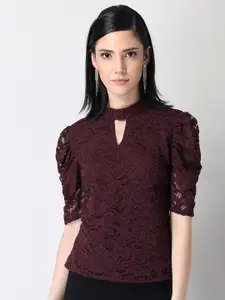 FabAlley Self Design Keyhole Neck Lace Top