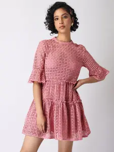FabAlley Pink Schiffli Tiered Back Tie Up Detail Pure Cotton Fit and Flare Dress