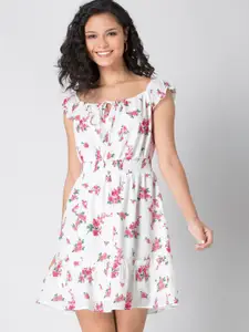 FabAlley White Floral Printed Tie-Up Neck Smocked Waist Georgette Fit & Flare Dress