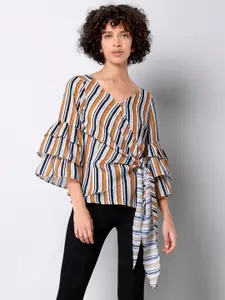 FabAlley Striped Bell Sleeves Tie-Up Detail Georgette Wrap Top