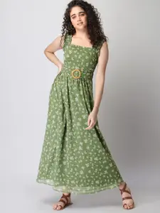 FabAlley Floral Printed Square Neck Belted Maxi Dress