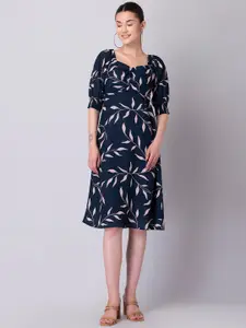 FabAlley Floral Printed Sweetheart Neck Puff Sleeve Ruched Crepe Midi A-Line Dress