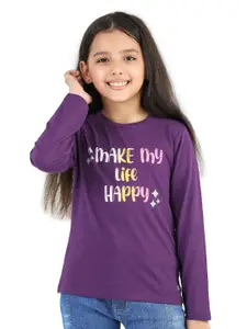 Purple United Kids Girls Typographic Printed Cotton T-shirt