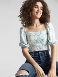 ONLY Floral Printed Square Neck Puff Sleeves Smocked Tie-Up Detail Crop Top