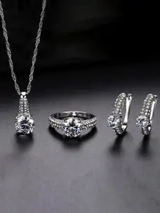 Peora Silver Plated CZ Studded Pendant Chain Necklace Finger Ring & Earrings