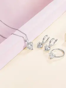 Peora Silver Plated CZ Studded Pendant Chain Necklace Finger Ring & Earrings Jewellery Set
