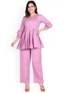 Lirose V-Neck Pure Cotton Top With Flared Trouser Co-Ords