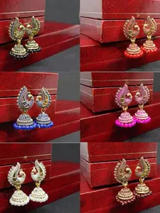 MEENAZ Set Of 6 Gold-Plated Stainless Steel Studded & Beaded Peacock Shaped Jhumkas