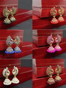 MEENAZ Set Of 6 Gold-Plated Stainless Steel Peacock Shaped Jhumkas