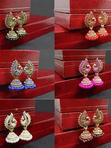 MEENAZ Set Of 6 Gold-Plated Peacock Shaped Jhumkas
