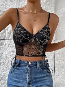 StyleCast Floral Embroidered Lace Ups Bralette Crop Top