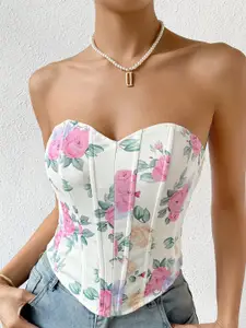 StyleCast Off White Floral Printed Strapless Corset Crop Top