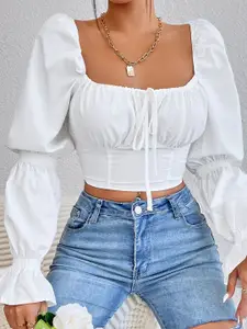 StyleCast White Square Neck Puff Sleeve Tie Ups Crop Top