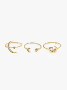 ALDO Set Of 3 Gold-Plated Star & Moon Designed Stone-Studded Finger Rings