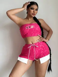 StyleCast Pink Self Design Strapless Top With Flared Shorts
