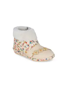 BAESD Girls Floral Printed Embellished Faux Fur Trim Flexible Anti-Slip Winter Boots