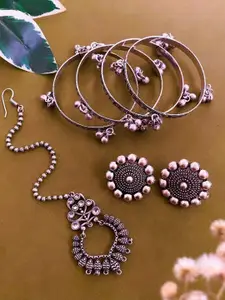 ATIBELLE Set of 4 Silver Plated & Floral Shaped earrings, maangtikka &bangles