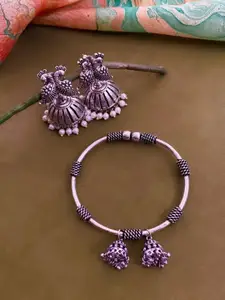 ATIBELLE Set of 2 Silver Plated & Peacock Shaped Pearl Studded Jhumkas & Bangle
