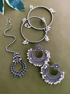 ATIBELLE Set of 3 Silver Plated & pearl Stone Studded Earrings, maangtikka & Bangles