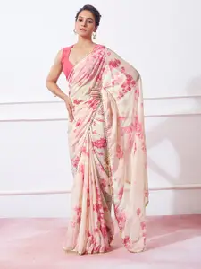 Mitera Cream-Coloured & Pink Tie and Dye Organza Designer Saree