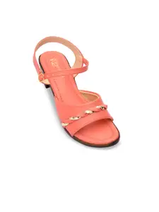Padvesh Peach-Coloured Printed Block Sandals with Laser Cuts