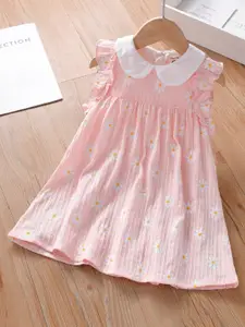 StyleCast Girls Pink & Yellow Floral Printed Peter Pan Collar Pure Cotton A-Line Dress