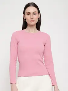 EDRIO Ribbed Round Neck Fitted Top
